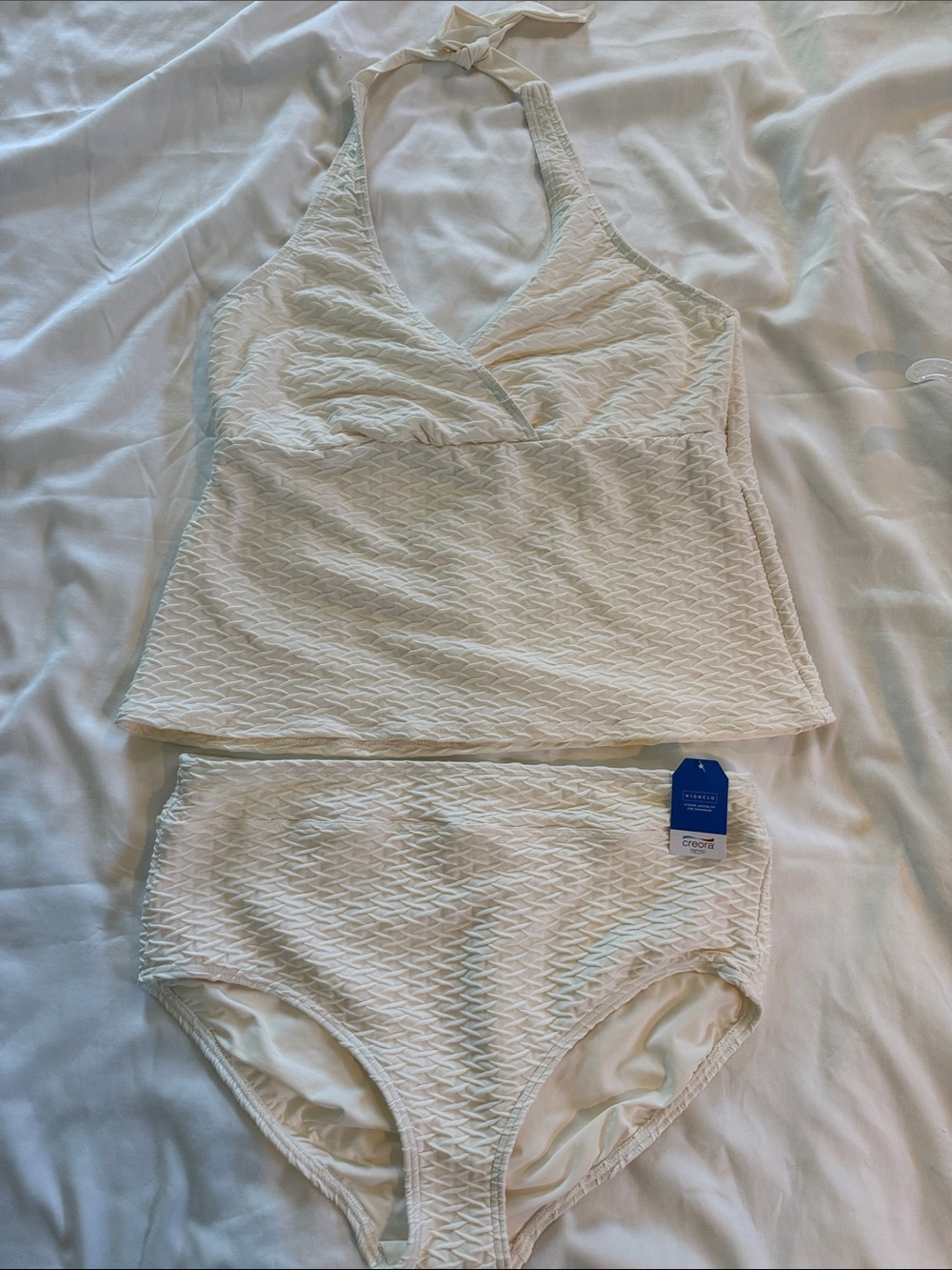 Lands' End Cream Textured Halter Tankini Set